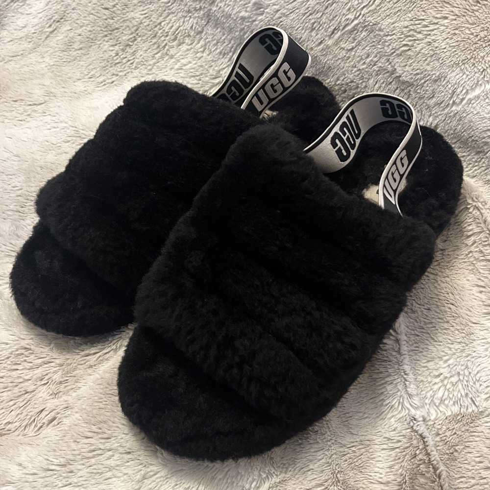 UGG Womens Slippers Size 8 Black Fluff Yeah Shearling Fur Slingback Slip On